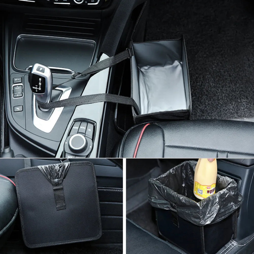 Foldable Oxford car wastebasket 22x22x15cm hanging from car seat with snap closures