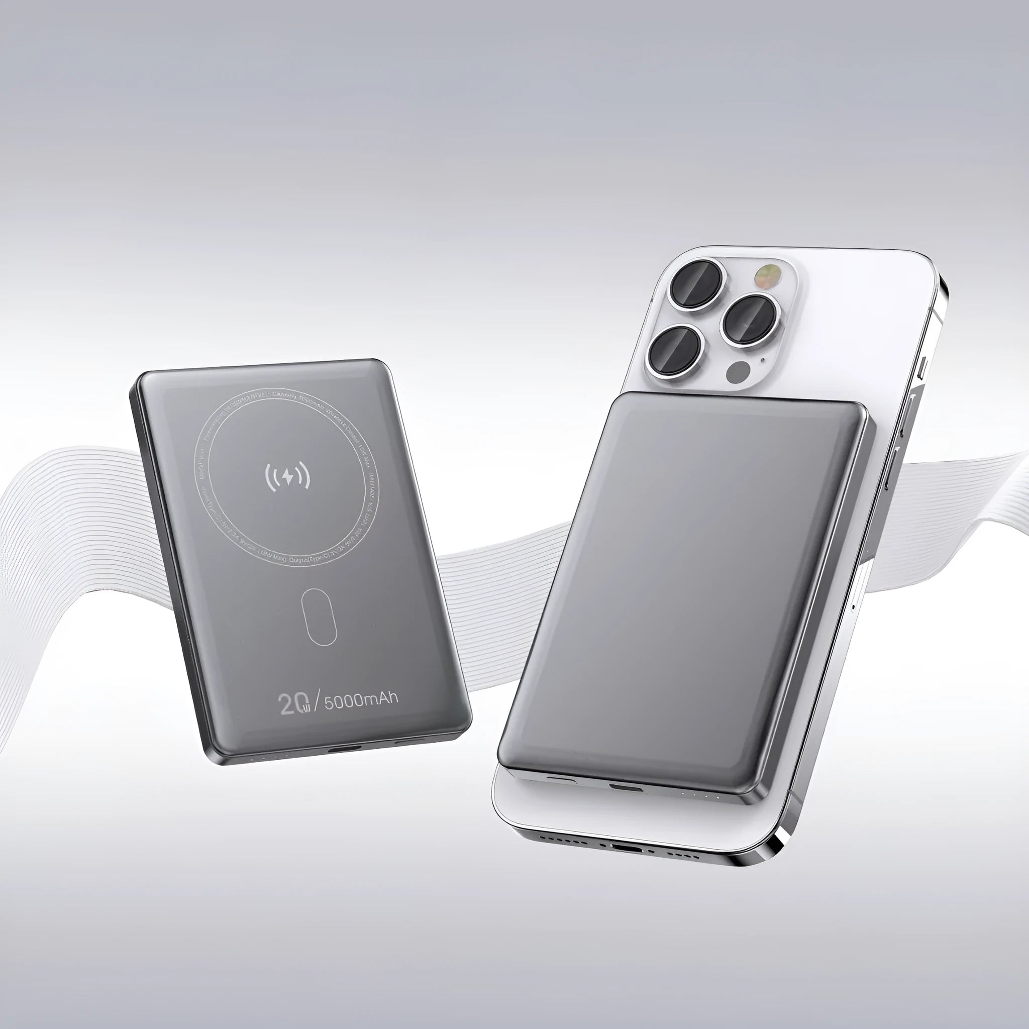 Wireless power bank with alloy shell in black, front view showing magnetic charging surface