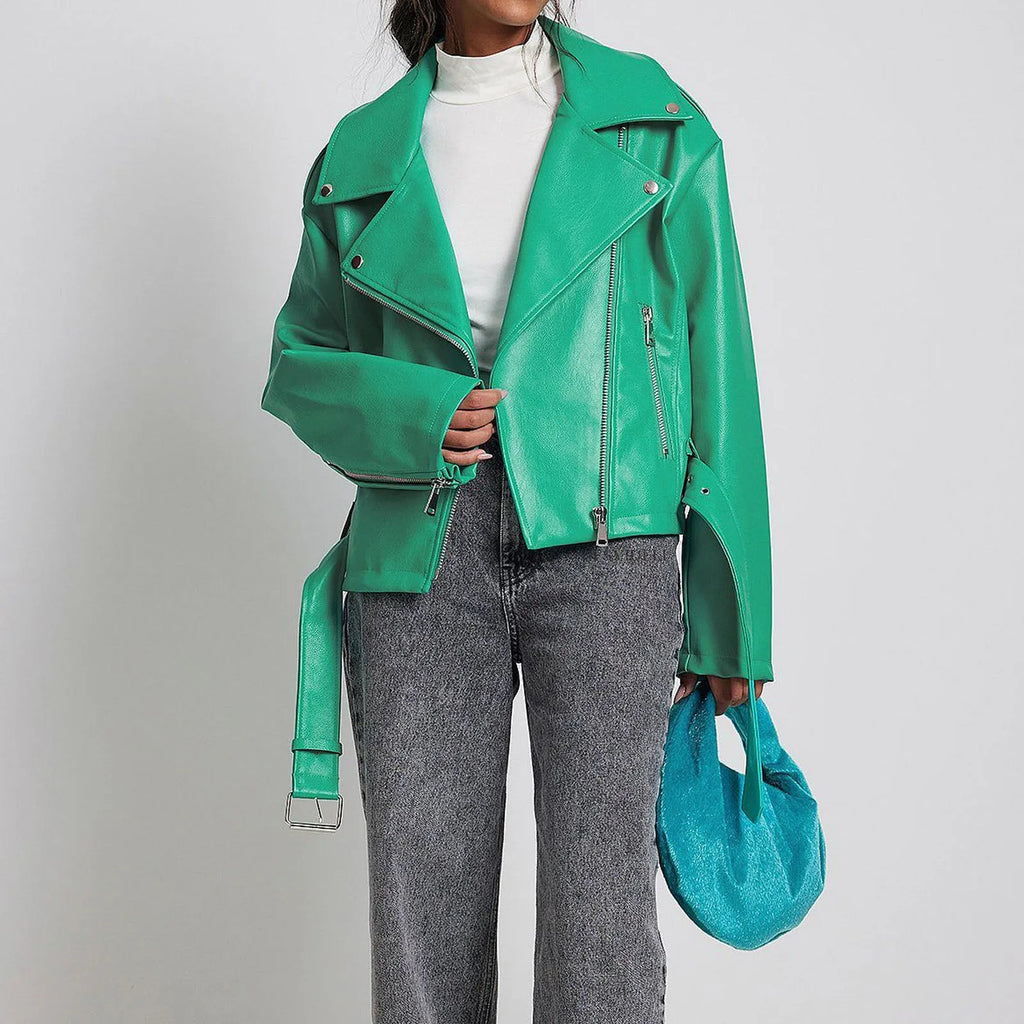 Black leather-style punk jacket with a Peter Pan collar and a drawstring waist, laid flat.