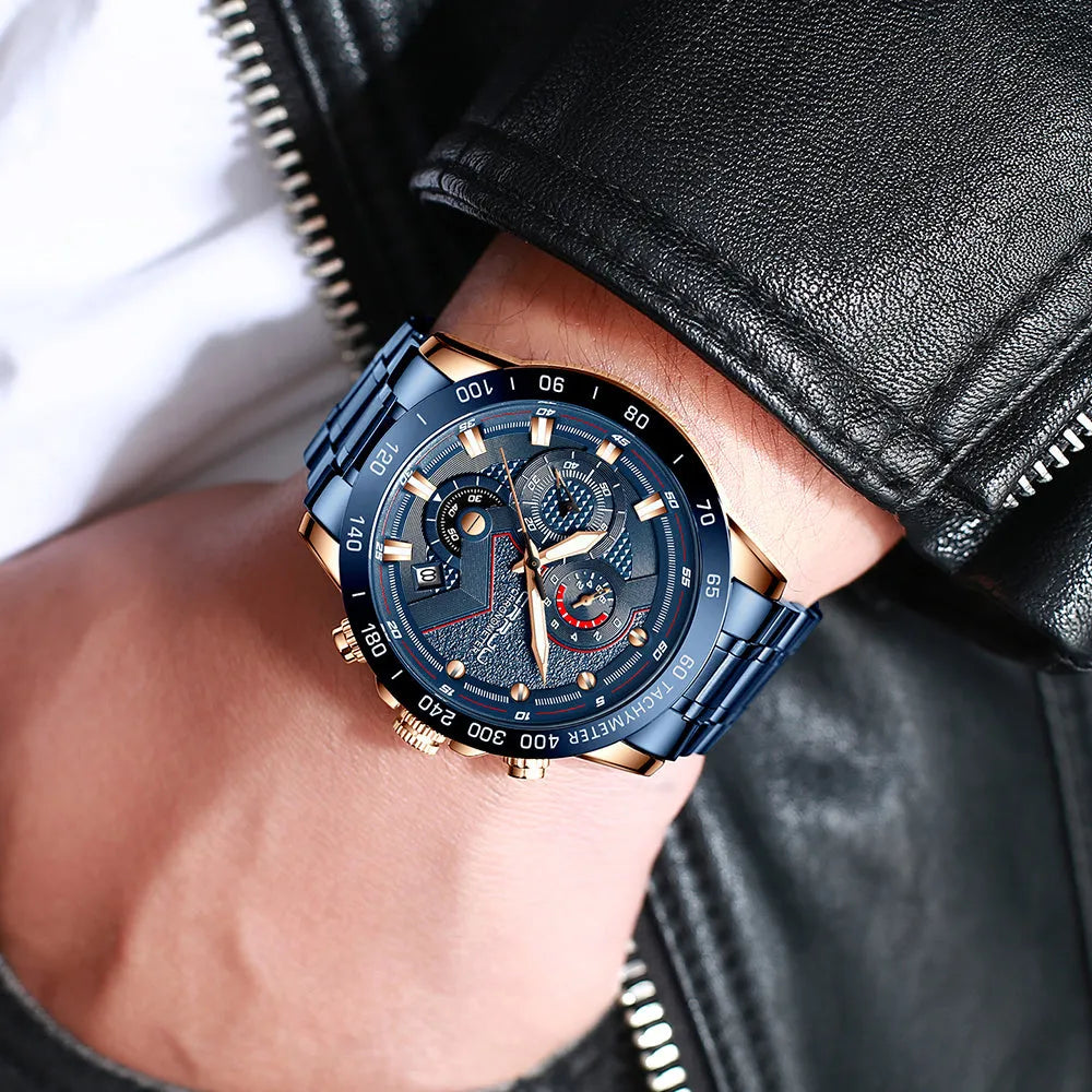 Multi-function six-needle chronograph watch with stainless steel strap and IP blue alloy case model 2280