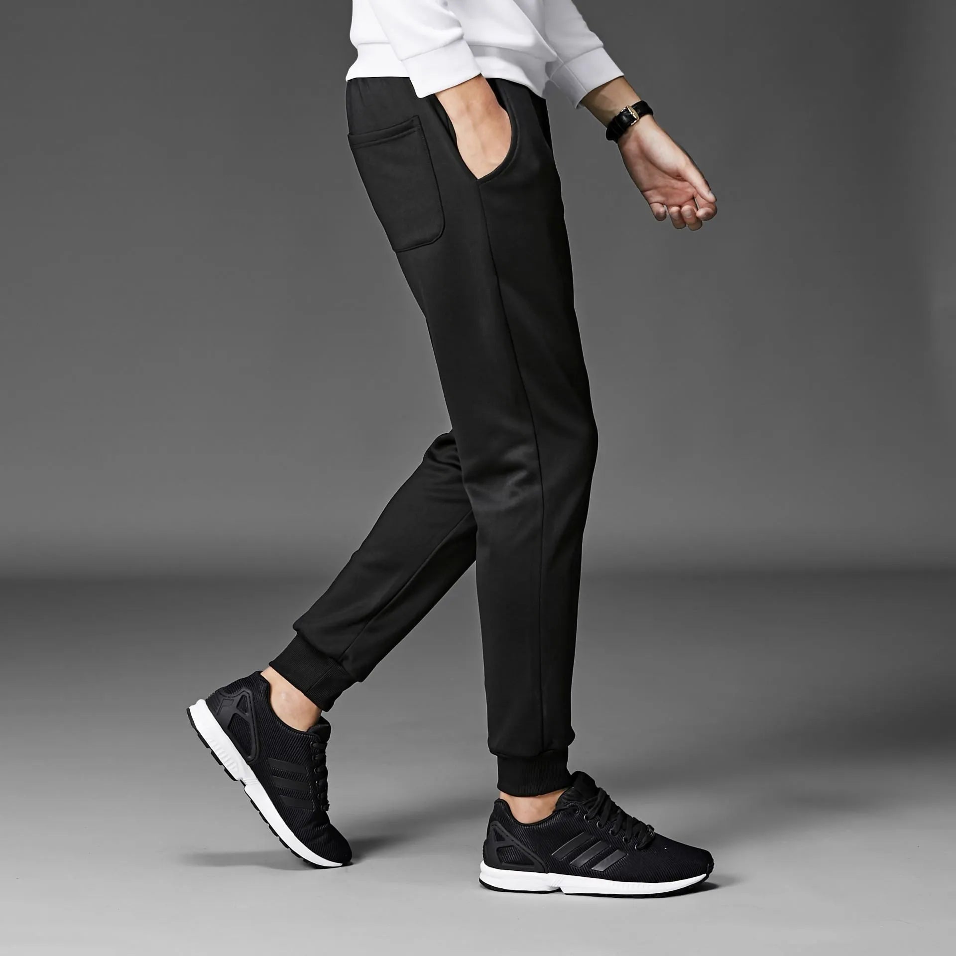 Men's casual fleece-lined cone trousers in black, South Korean silk fabric, winter wear with belt
