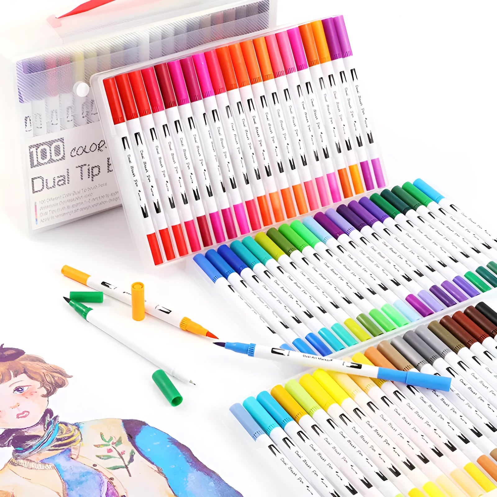 Set of ink watercolour pens in a case, showing multiple colour options including 100, 72, 60, and 48 count sets.