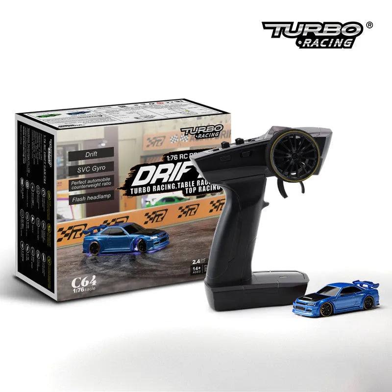 Blue Turbo Racing C64 gyro drift RC car with proportional remote control on a track