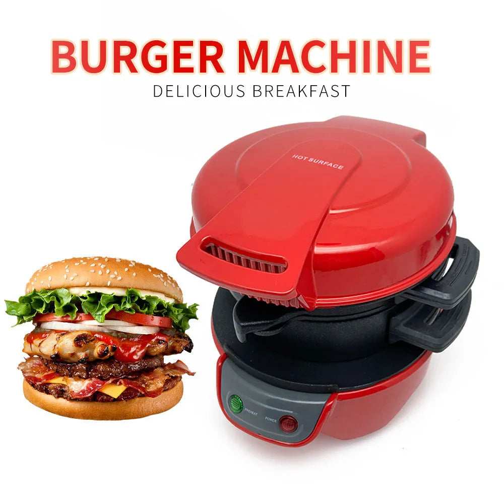 Household breakfast machine with egg cooker ring and sandwich maker in red orange grey colours