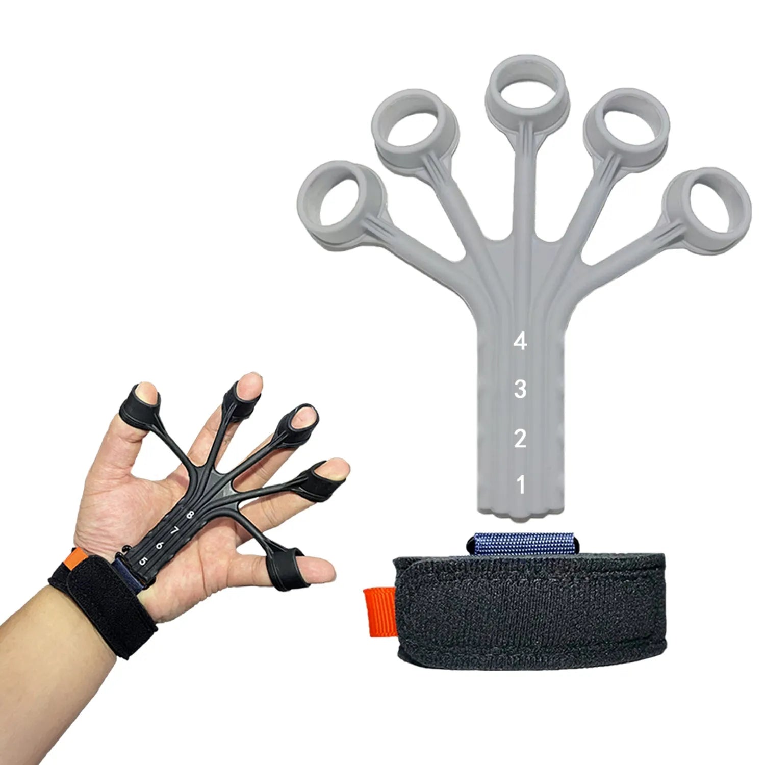HLX silicone finger flexion and extension trainer with adjustable belt in black colour
