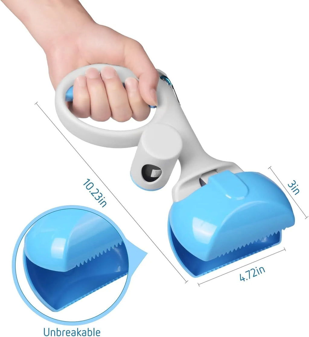 Black ABS plastic pet pooper scooper with integrated trash bag holder and carrying hook.