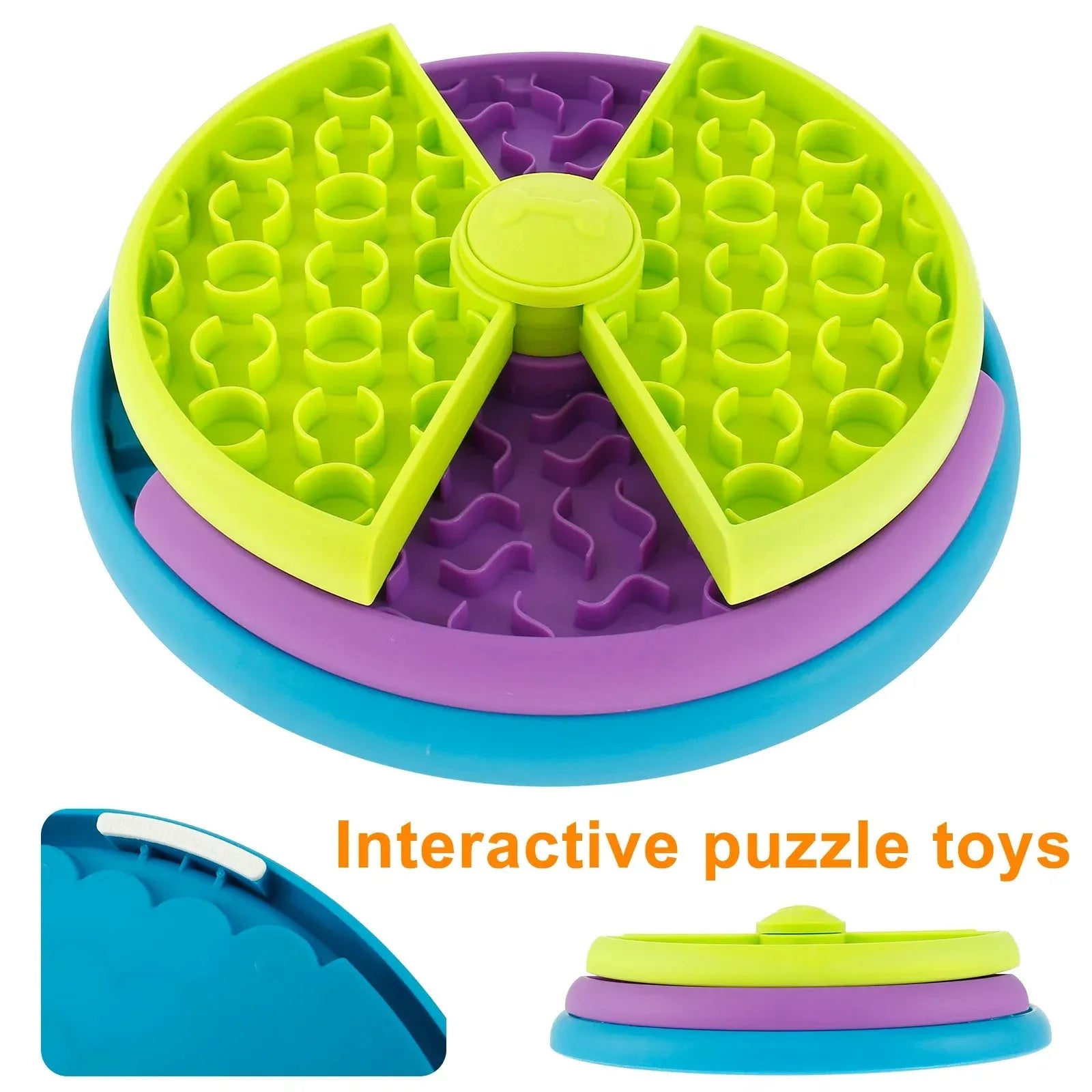 Three-tier rotating slow feeder bowl for cats and dogs, made of PP plastic, 26cm wide, with non-slip base.