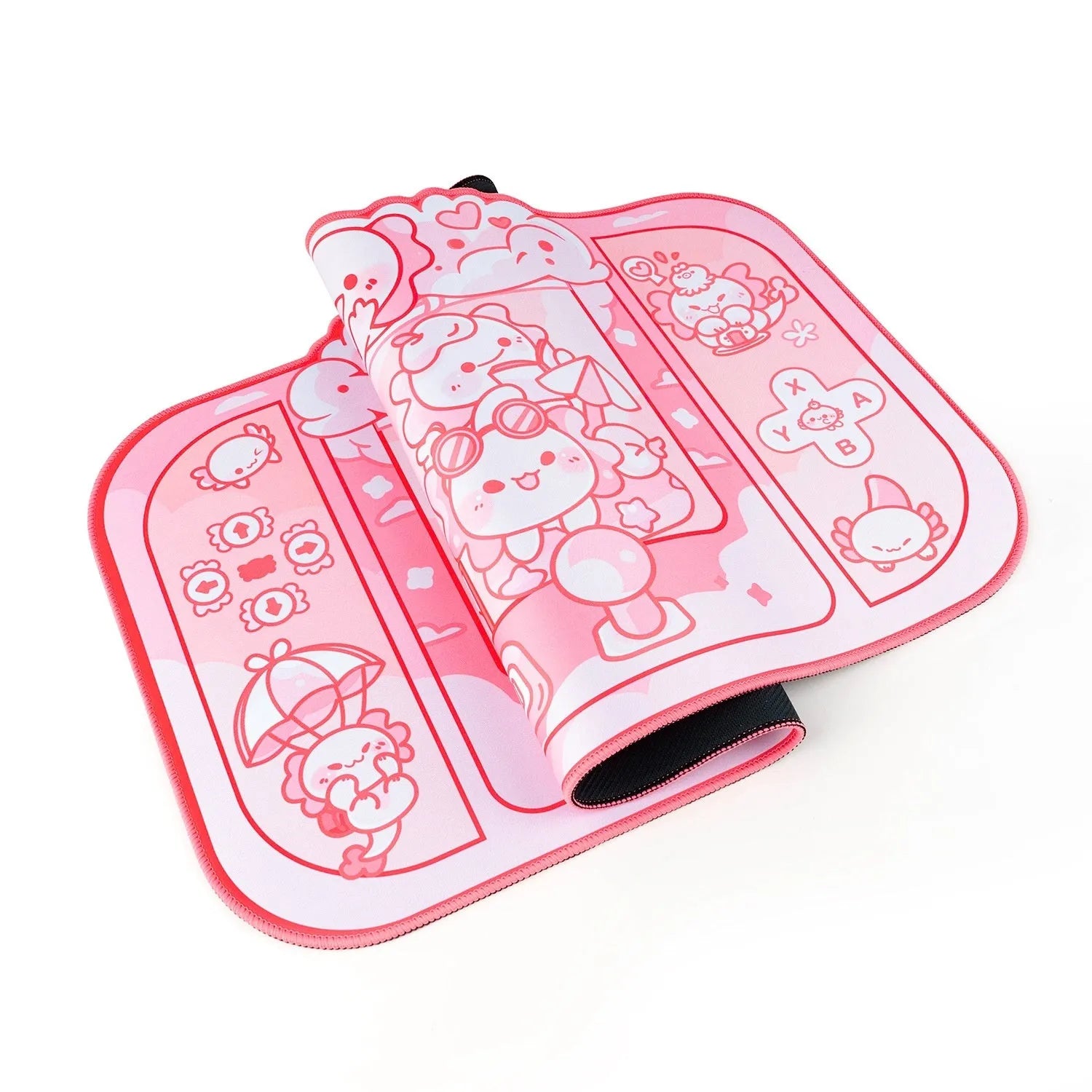 Large rectangular mouse pad with a hexagonal dragon crane cartoon design and an integrated wrist rest.
