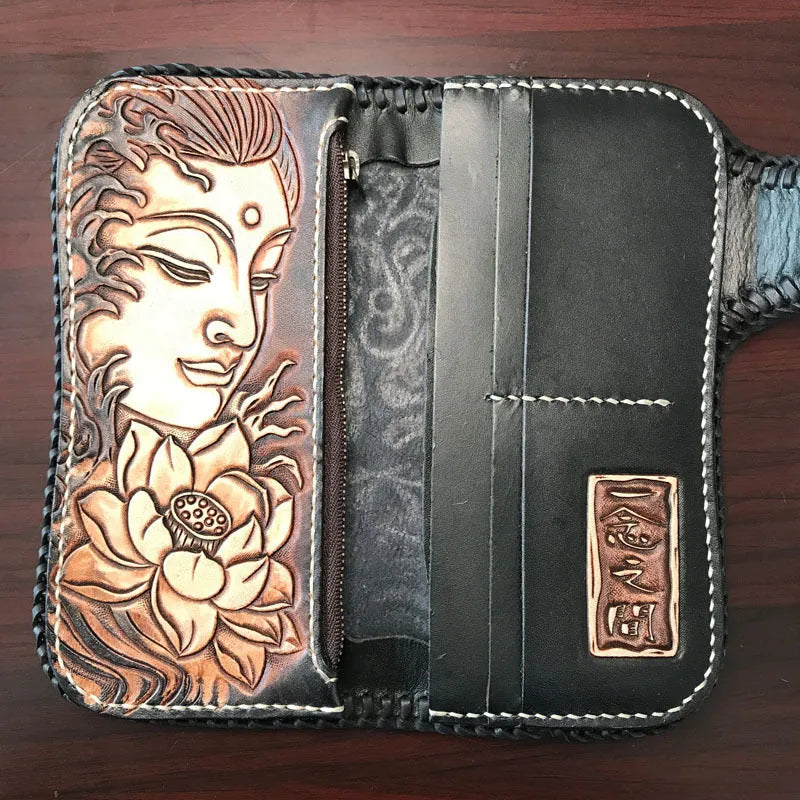 Men's top layer cow leather carving wallet with buckle closure, hardbound Inner Buddha version, 21 x 10.5 cm