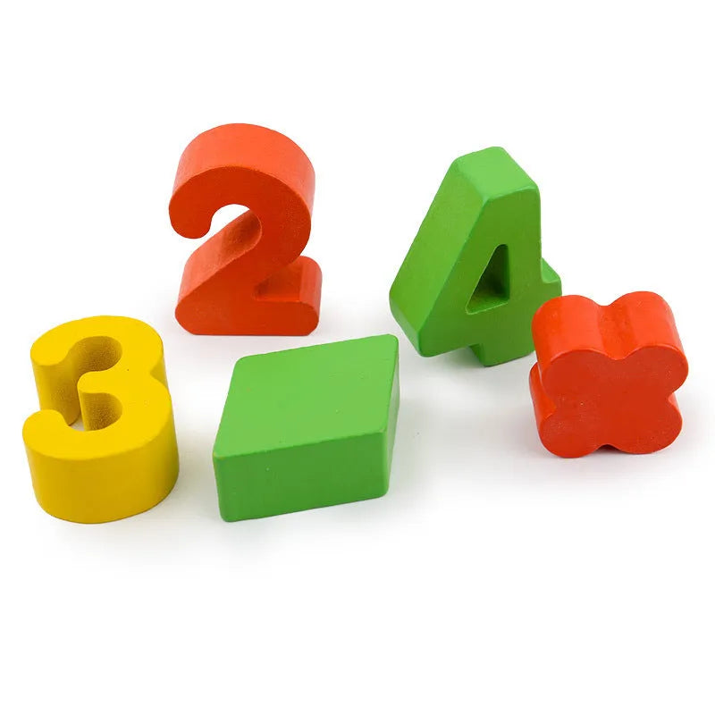 Wooden logarithmic board with colourful numbers, geometric shapes and counting beads for toddlers