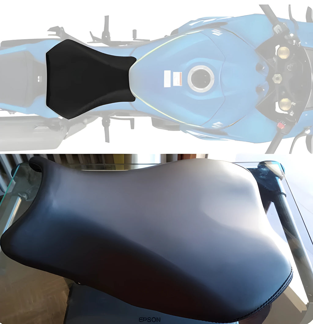 Suzuki GSXR1000 motorcycle with black PU leather seat covers fitted on front and rear.