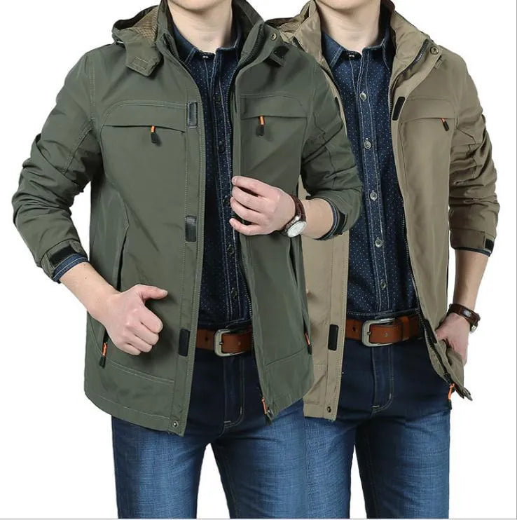 Men's corduroy waterproof breathable jacket with fleece lining in khaki, loose fit, front view