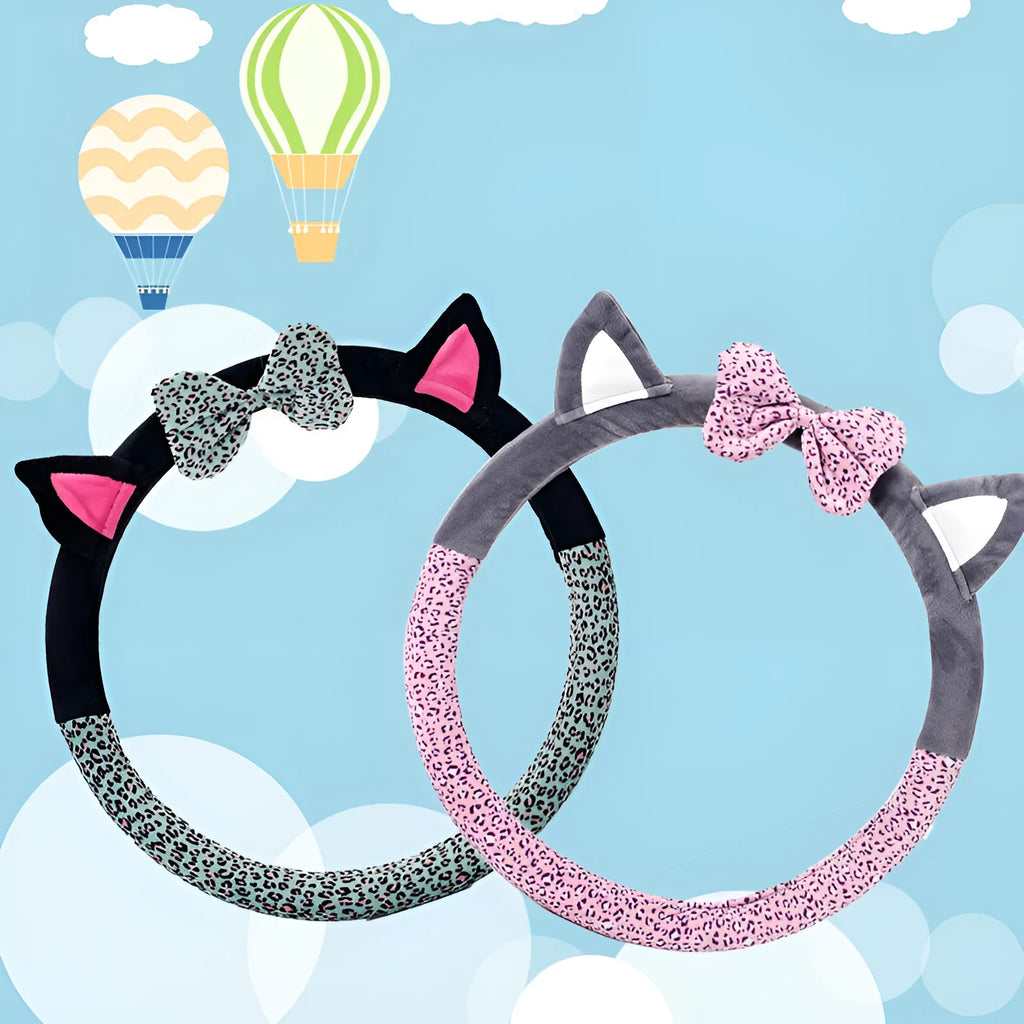 Cute cat ear steering wheel cover in short plush cashmere wool, black colour, on a steering wheel