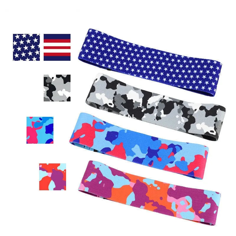 Anti-slip camouflage resistance band in polyester cotton blend, available in S, M, and L sizes, colours Blue, Grey, and Orange