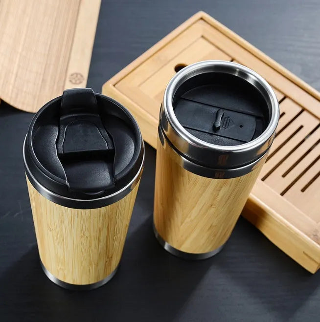 420ml bamboo coffee cup with stainless steel leak-proof lid and foam anti-slip pad