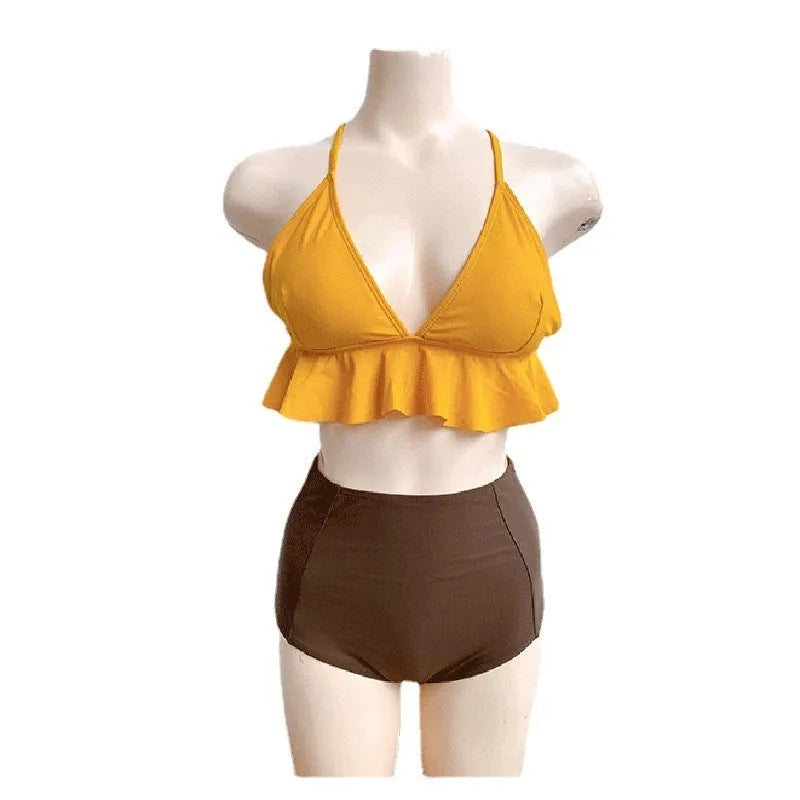 Yellow two-piece split ruffle contrast color hot spring bathing suit for women with spandex lining