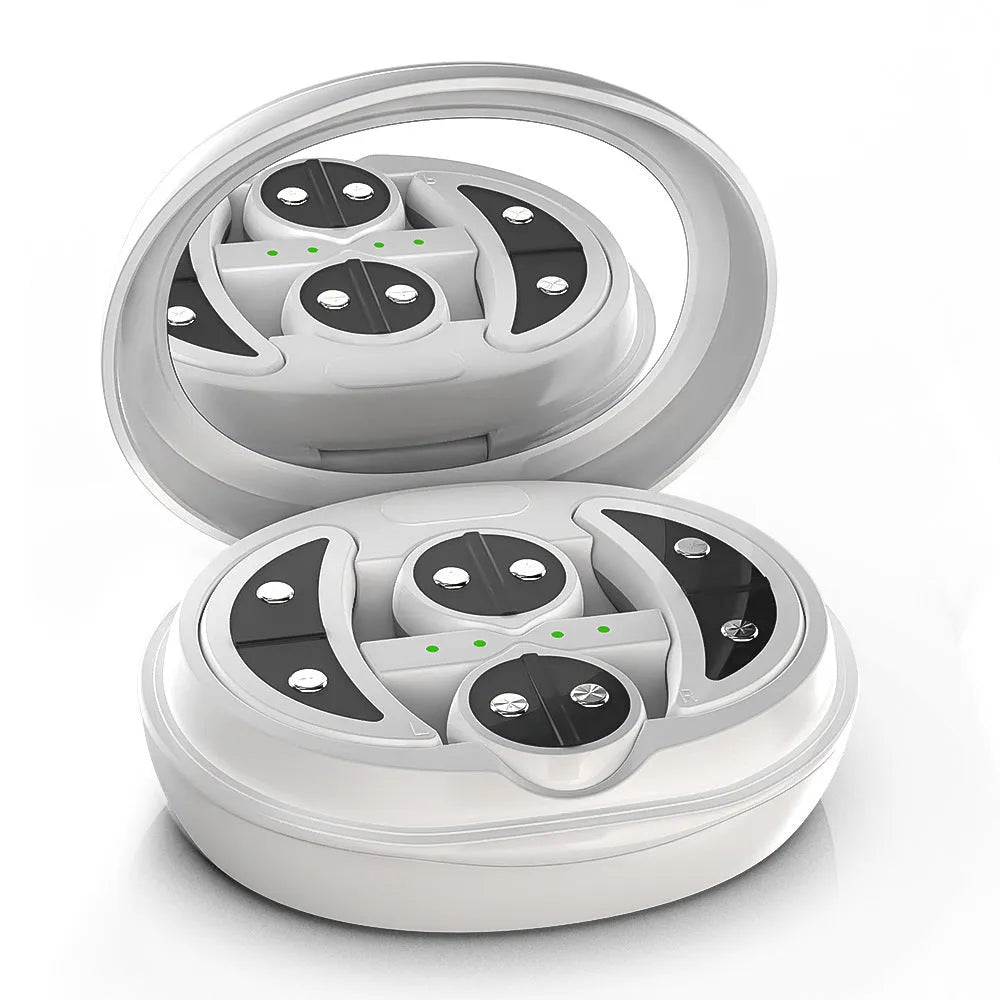 White wireless red light EMS eye and face massager device on a plain background.