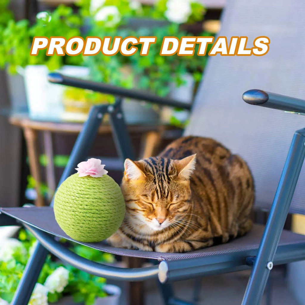 Green cactus-shaped cat scratcher with sisal fibres and attached tumbler ball for indoor play