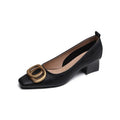 Women's square toe chunky heel work pumps in black microfiber with rubber sole