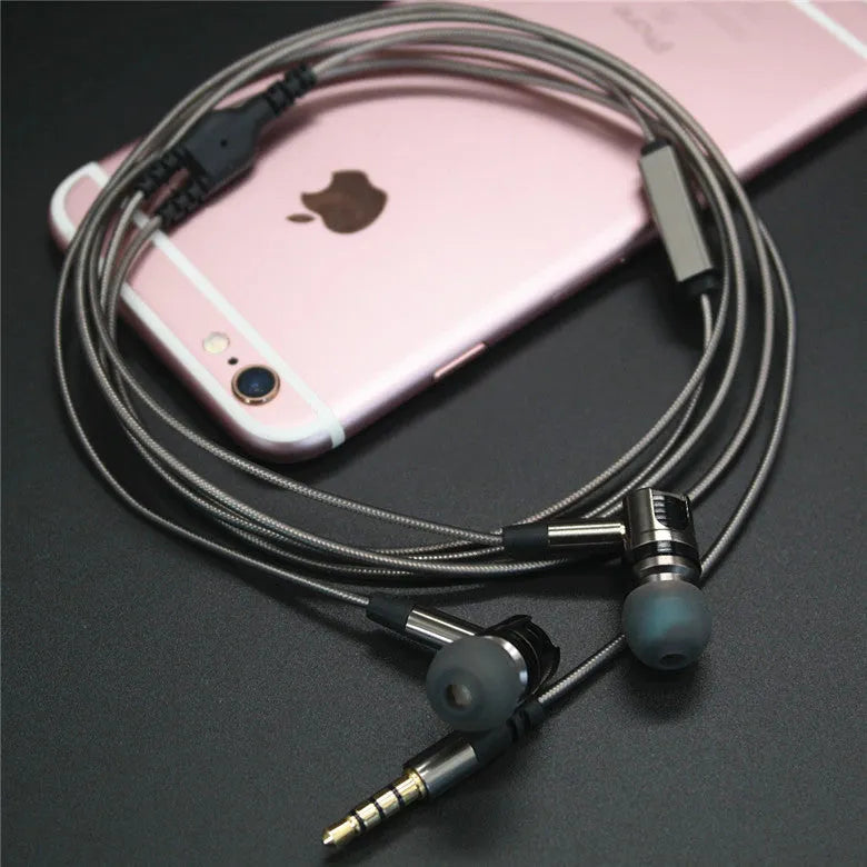 Titanium grey metal in-ear earphones with a braided aluminium foil and TPE cable and detachable connectors.