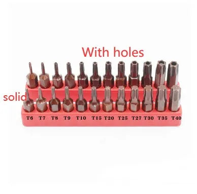 12-piece T6 to T40 magnetic screwdriver bit set with hollow and solid hexagon designs in black steel
