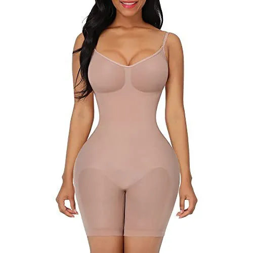 Plus size women's stretch sling one-piece shapewear in black nylon with hip lift and belly contracting functions