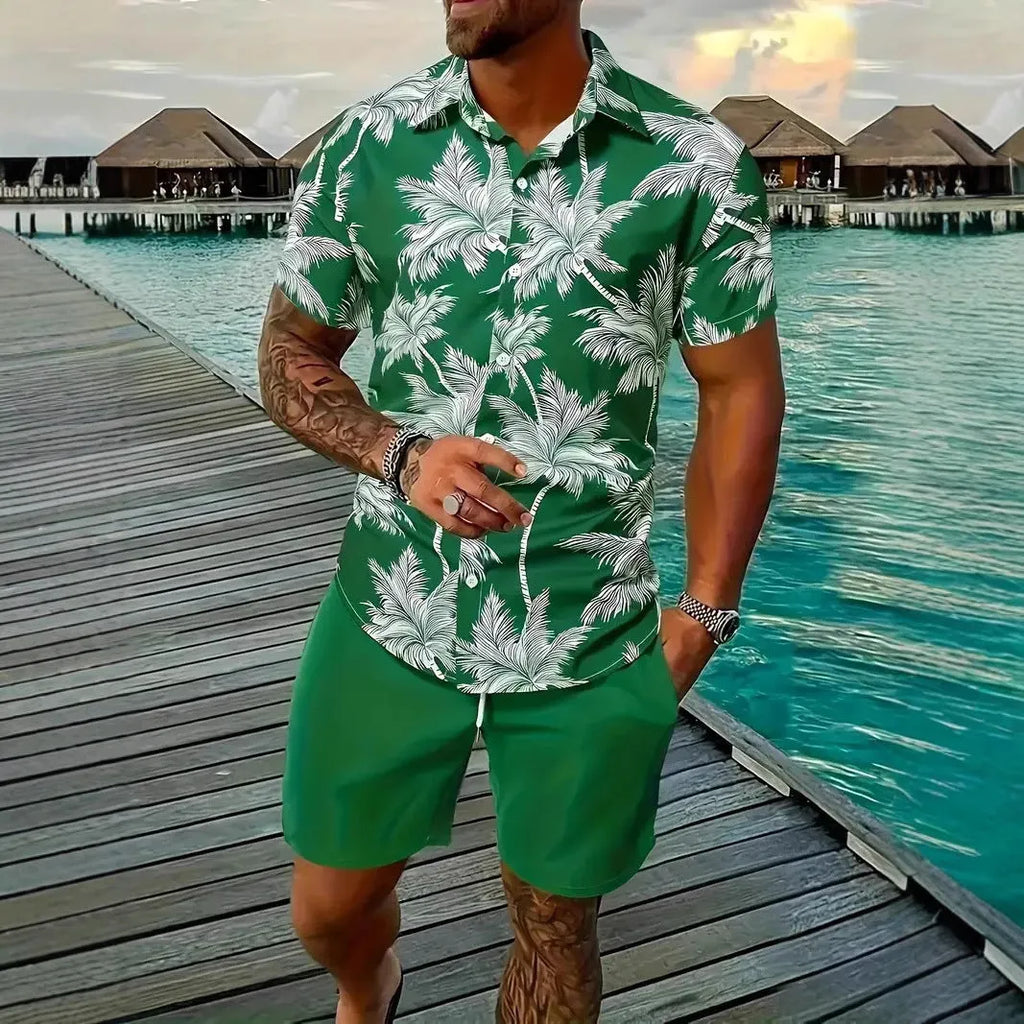 Men's short sleeve Hawaii shirt and matching shorts with a colourful 3D printed tropical pattern