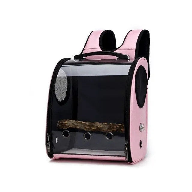 Foldable porous breathable pet bag with geometric pattern for parrots, shown in blue, brown, pink, or red