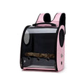 Foldable porous breathable pet bag with geometric pattern for parrots, shown in blue, brown, pink, or red