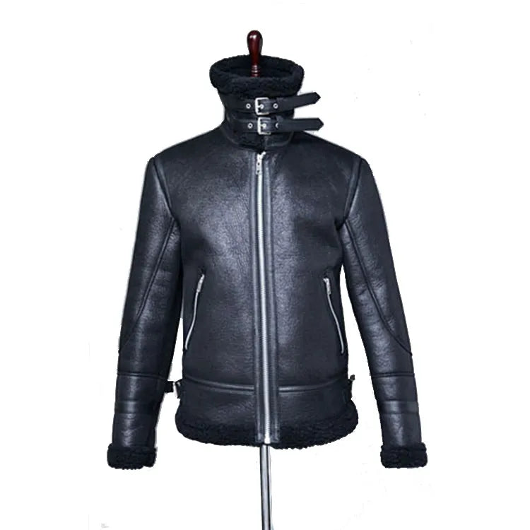 Men's black PU leather winter jacket with highneck faux fur liner and front zip closure against a neutral background
