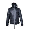 Men's black PU leather winter jacket with highneck faux fur liner and front zip closure against a neutral background