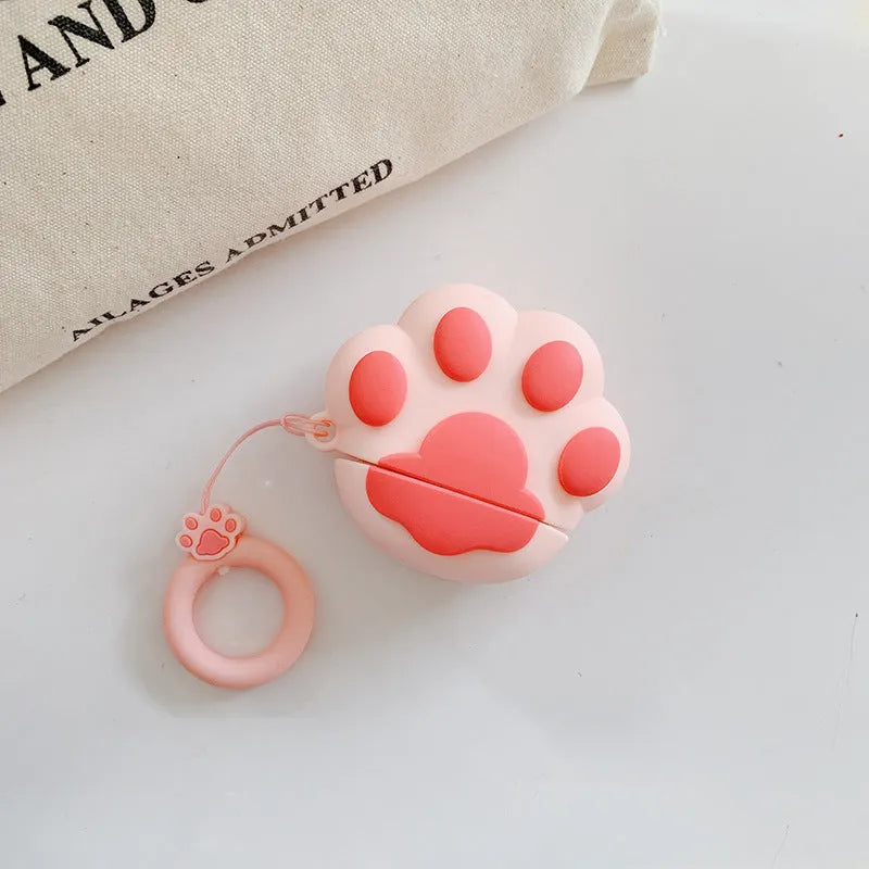 Cute cartoon cat paw AirPods case in soft rubber, clamshell style, with ring, 150mm x 65mm x 20mm