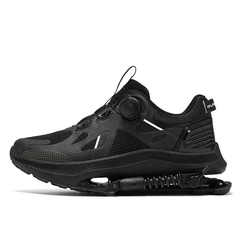 Black mesh mechanical running shoes with a buckle fastening and a mid-top design on an EVA rubber sole.