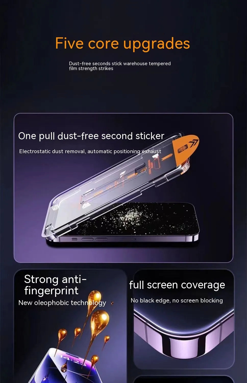 iPhone tempered glass screen protector with dust-free installation kit showing HD and privacy options