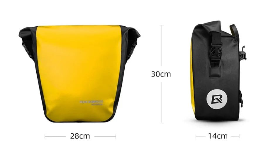Bicycle waterproof bag made of nylon cloth and waterproof fabric, black colour, shown on a bike for cycling storage