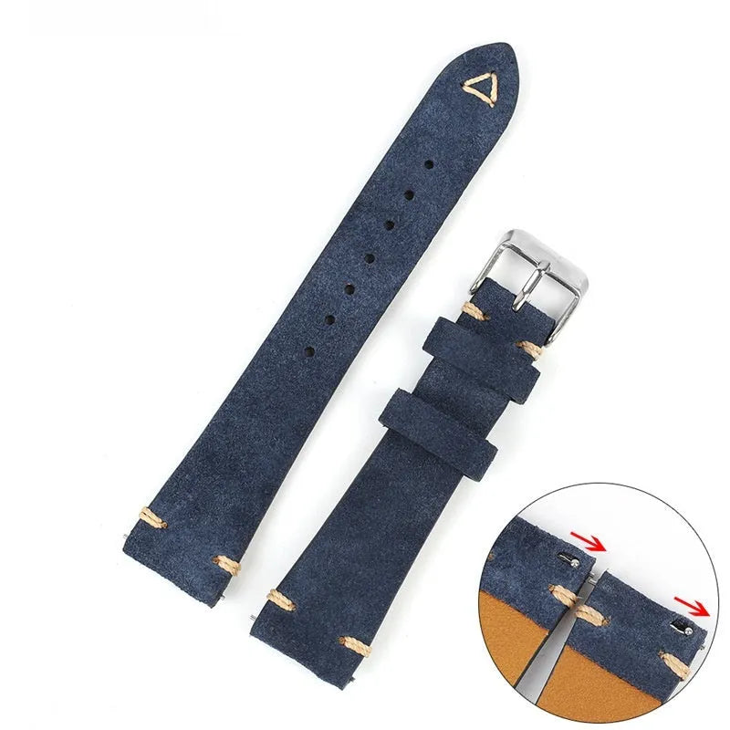 Genuine suede leather watch strap in Army Green, showing texture and buckle, for 20mm or 22mm watches.