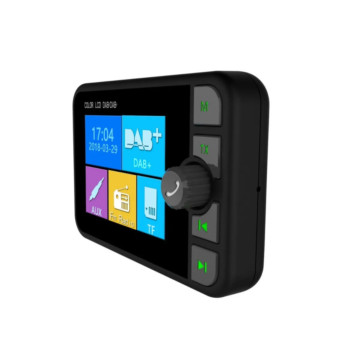 Black ABS car DAB digital receiver with 2.4-inch colour LED screen showing radio display