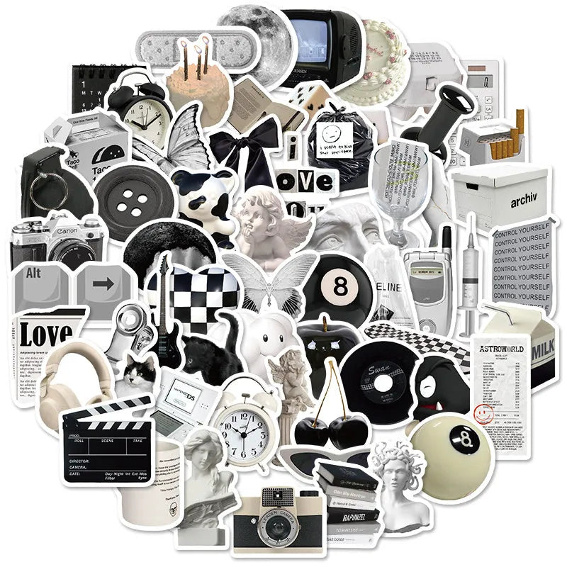 Set of 61 black and white waterproof PVC stickers for laptops, phones, luggage, and other personal items.