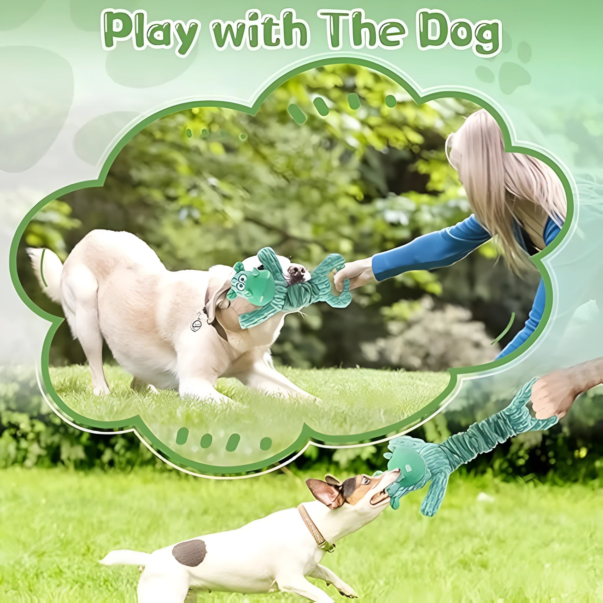 Large bright coloured soft plush dog toy with a handle, suitable for squeaky and tug of war play.
