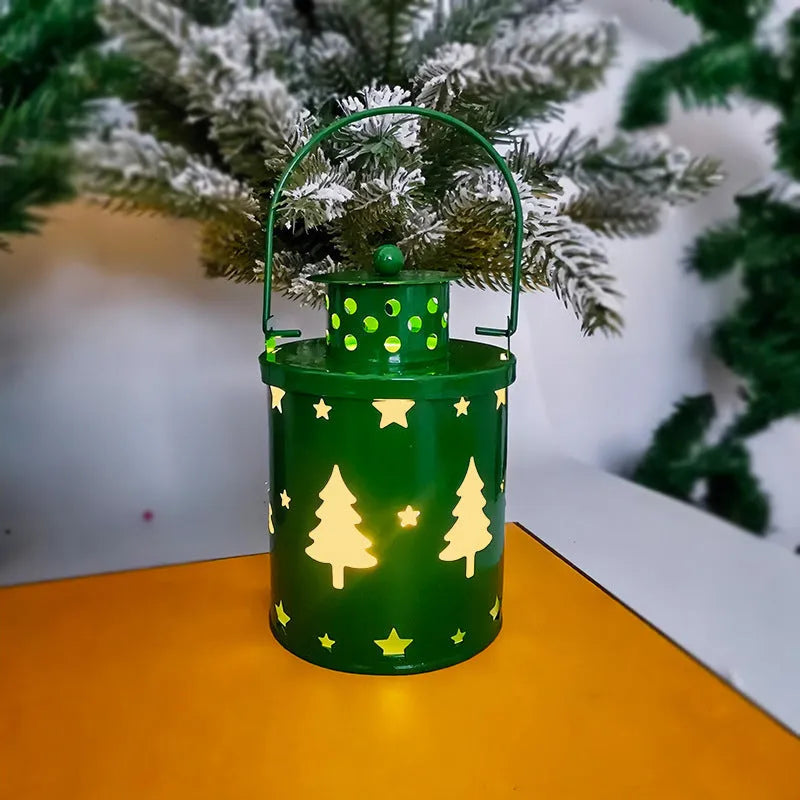 Green wrought iron Nordic style electronic candle lantern with LED flickering lights