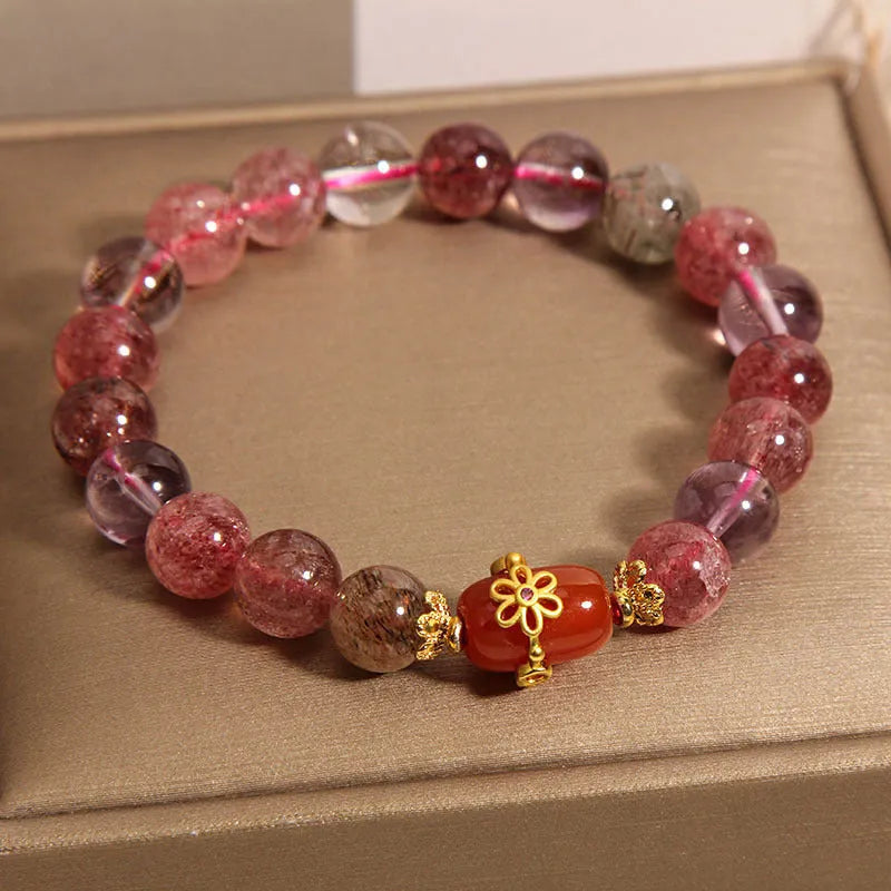 Natural Super Seven crystal bracelet with red agate and white stones in a cartoon style.