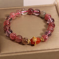 Natural Super Seven crystal bracelet with red agate and white stones in a cartoon style.