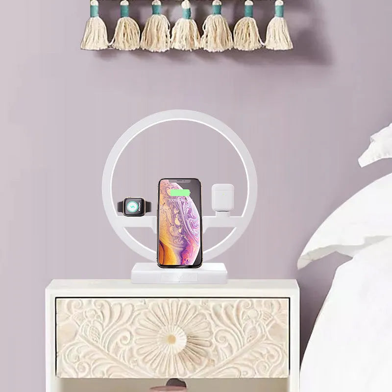 3 in 1 wireless charger stand with table lamp for phone watch and headset in black