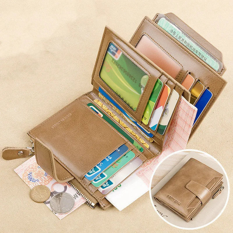 Vintage men's genuine leather anti-theft RFID wallet in brown oil wax bifold style