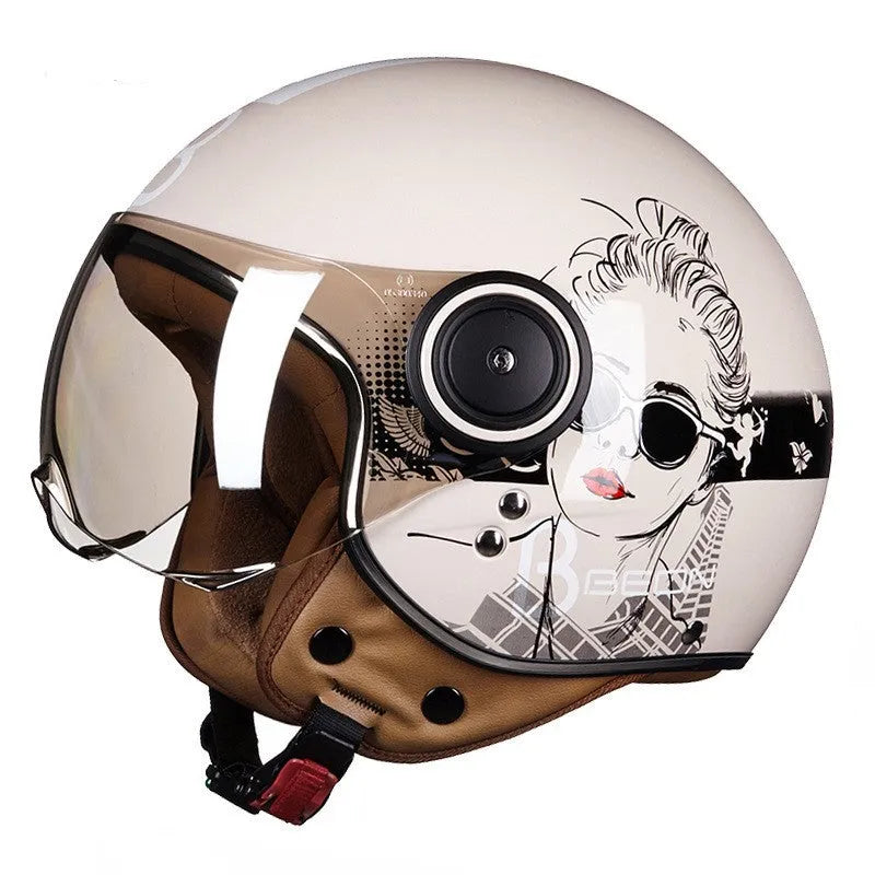 Retro battery car half helmet in ABS plastic showing colour options including bright blue red and matte black orange