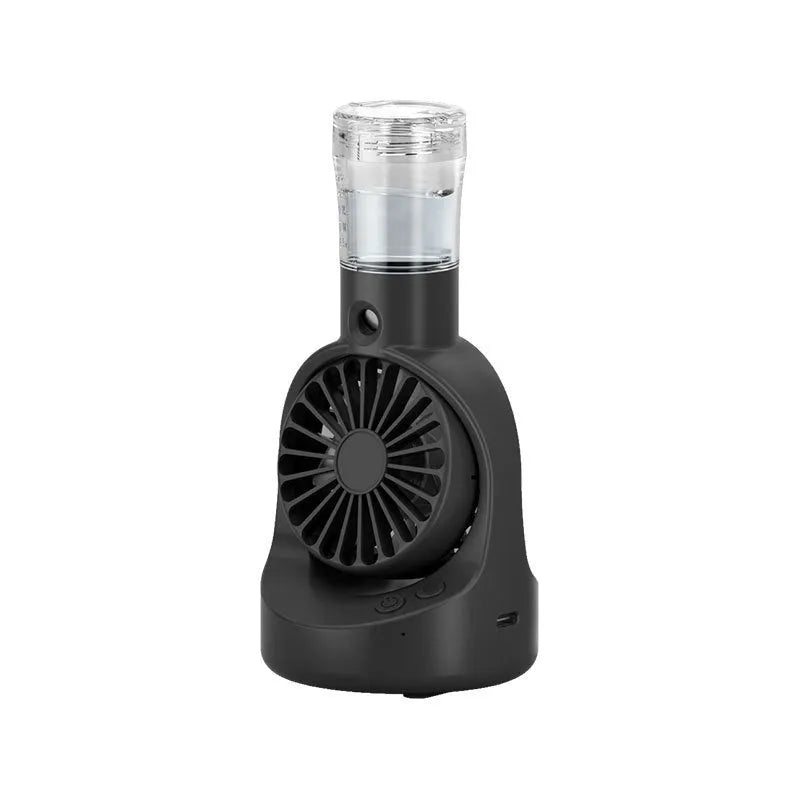 Handheld misting fan with transparent water tank showing multiple colour options including black, white, and pink