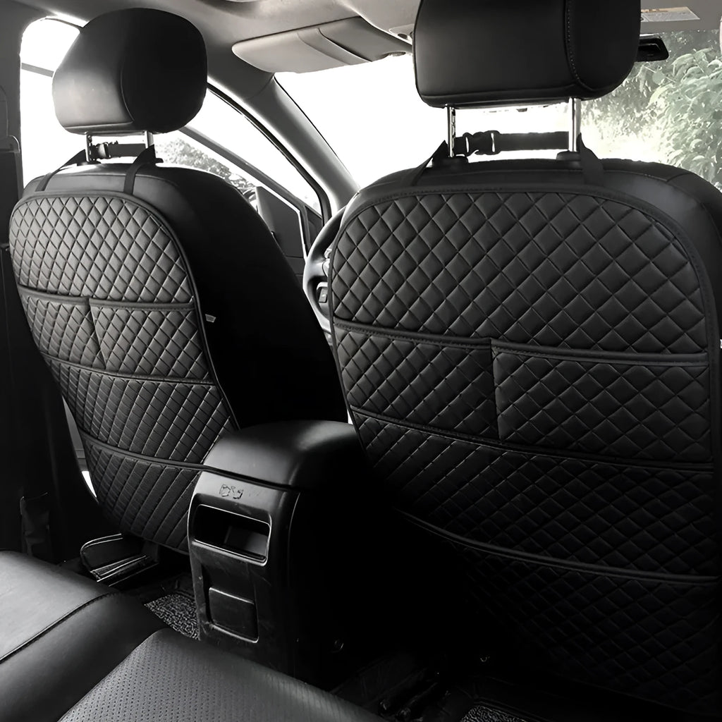 Leather seat anti-kick pad storage bag in black, protecting car seat back from kids' feet.