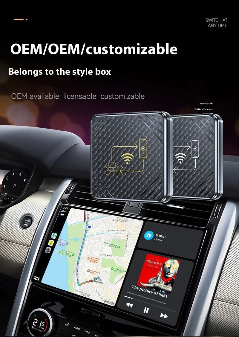 Wireless CarPlay and Android Auto smart box in gold or white ABS plastic housing with USB connector