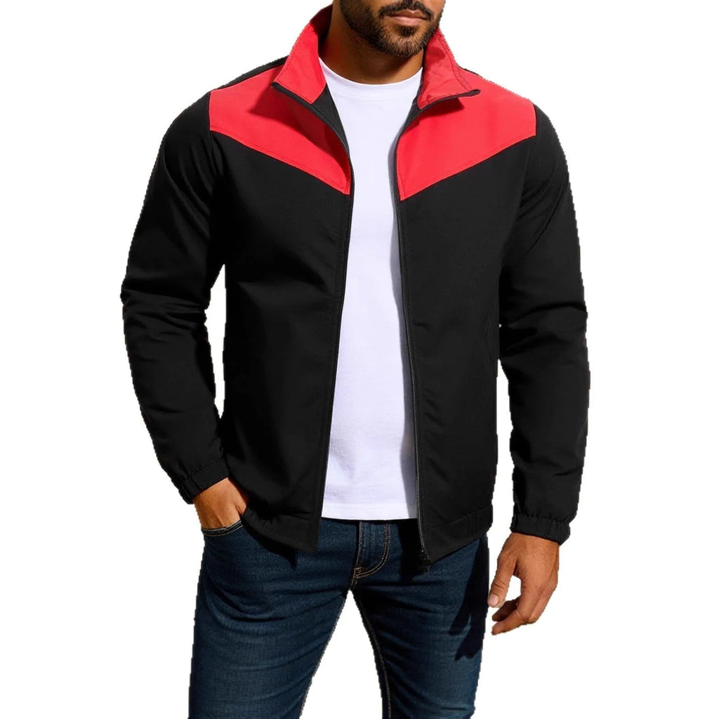Men's windproof jacket in green with high collar and colour matching zipper