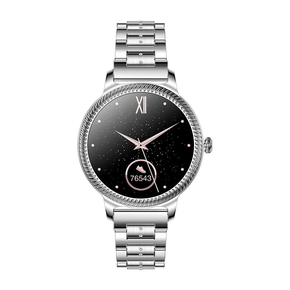 AK38 ladies smart watch with stainless steel Milanese strap and 1.09-inch colour screen.